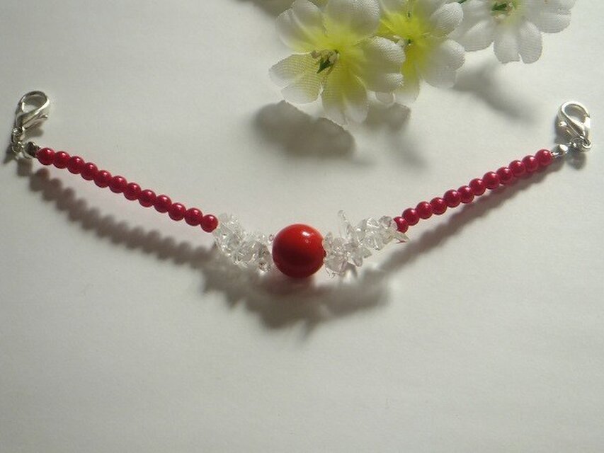 羽織紐◆レッドパールとクリスタルさざれ水晶