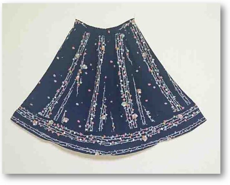 121　鉄紺色小花着物リメイクギャザーフレアスカート