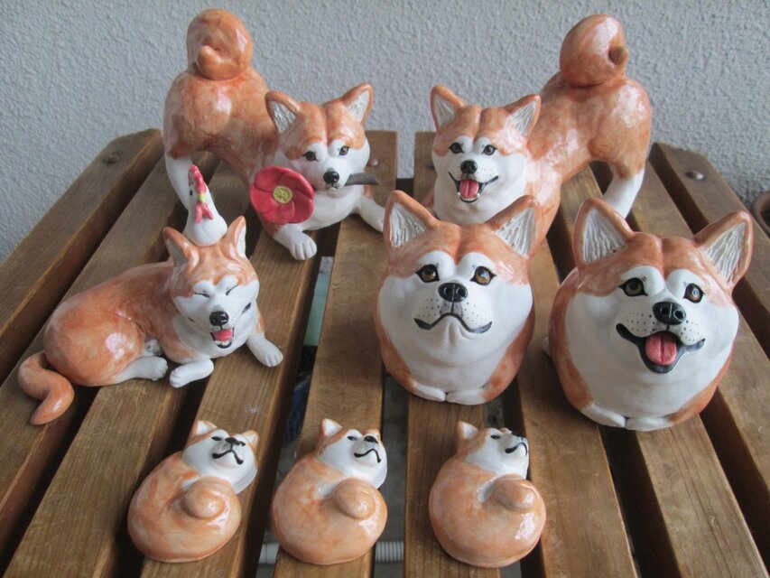＊ｄご予約品＊秋田犬の阿吽置物（2対）・酉乗り置物・箸置き（3個セット）