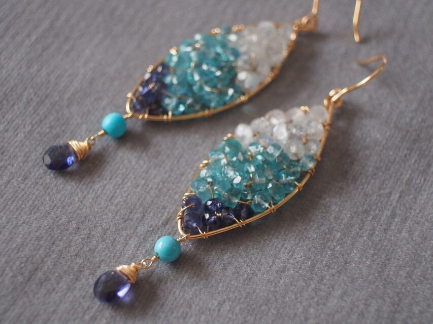 14kgfアイオライト＆ターコイズのブルーカラーピアス k14gf