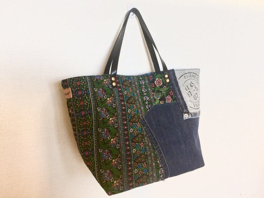 新作☆デニム&本革トートバッグ Mサイズ レトロモダン