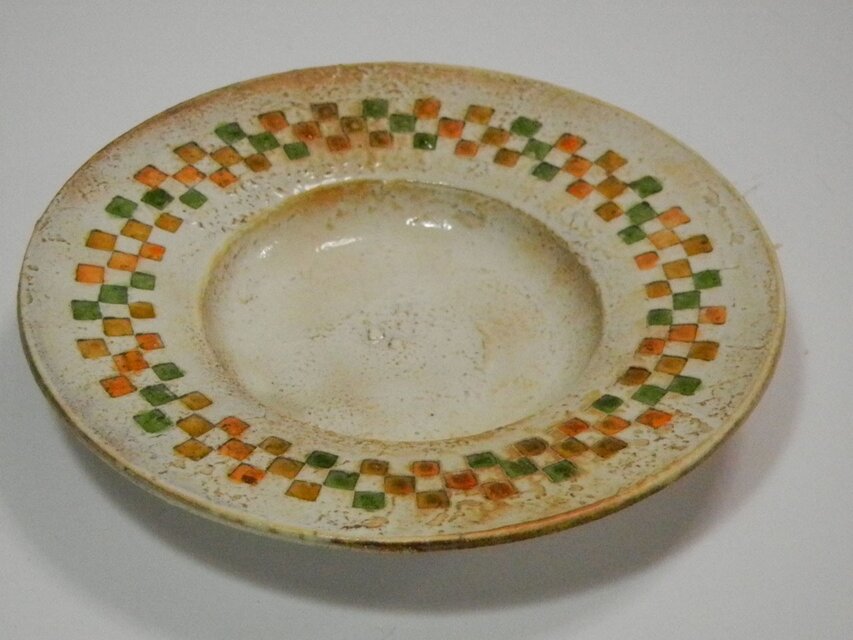 五寸皿　百色(ももいろ)象嵌　市松