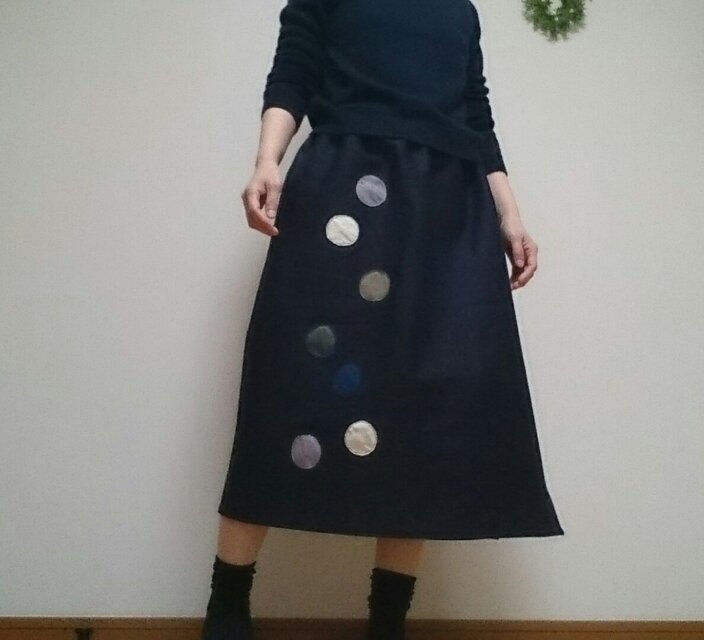 春デニムのあめ玉パッチお尻に丸底ポケットスカートウエストゴム