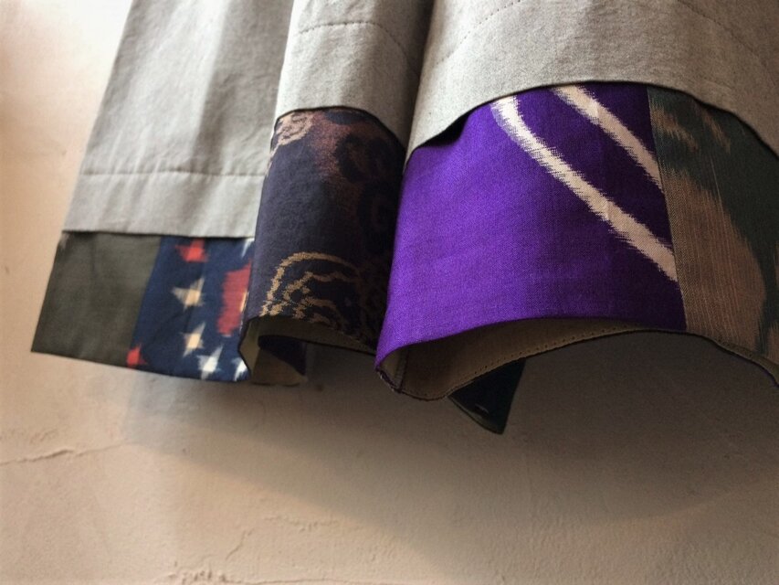 播州織×銘仙パッチワーク「いろいろ銘仙のガウチョパンツⅢ」055グレージュ