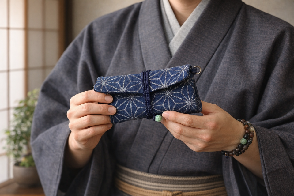 道中財布 ロールバッグ デニム紺製 「麻の葉 銀」 定番 | iichi 日々の