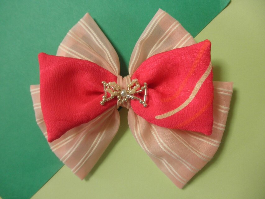 ストライプと古布リボンの髪飾り（バレッタ）