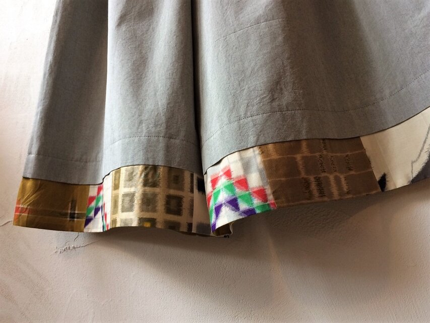 播州織×銘仙パッチワーク「いろいろ銘仙のガウチョパンツⅢ」060グレージュ