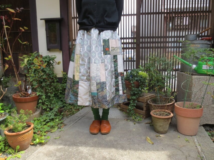紬色々パッチでリメイク☆初夏に着てほしい爽やかスカート♪76㎝丈