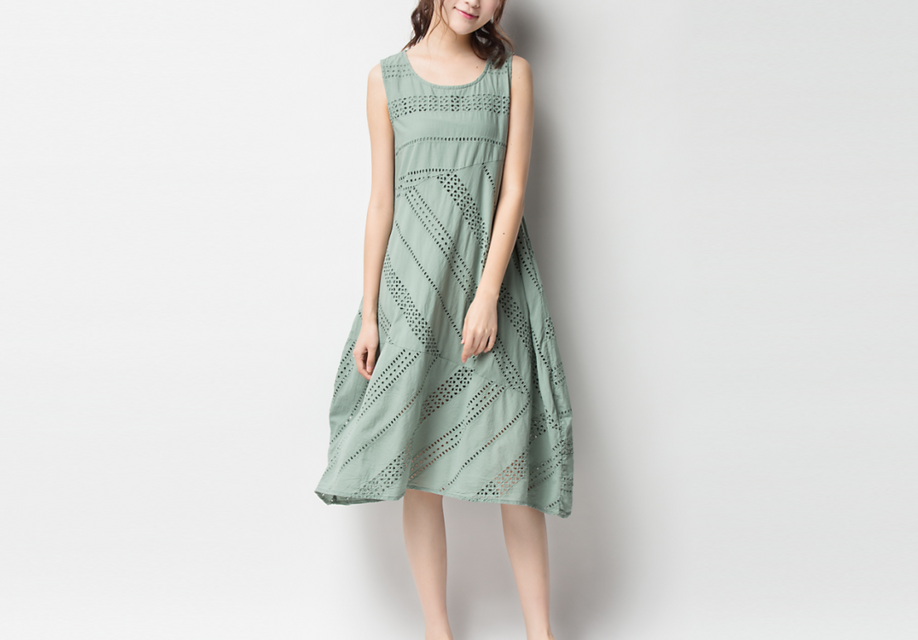 コットン生地 刺繍切り替えノースリーブワンピース ♪Green♪