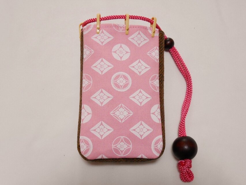 スマホケース　煙草入れ　ポーチ　帆布ピンク色地製　七宝　胡粉　