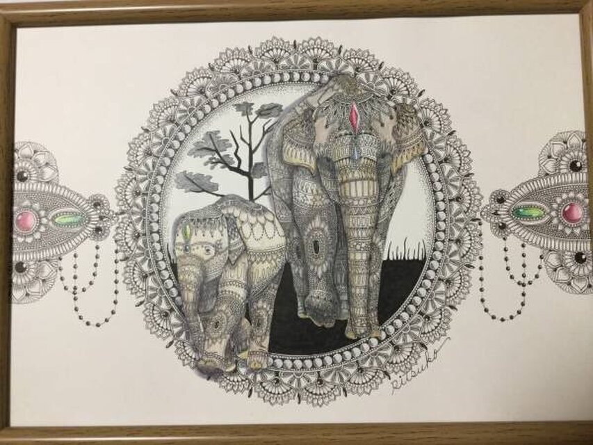 原画 肉筆 一点もの ボールペンアート 象 ぞう ゾウ 「明日への歩み