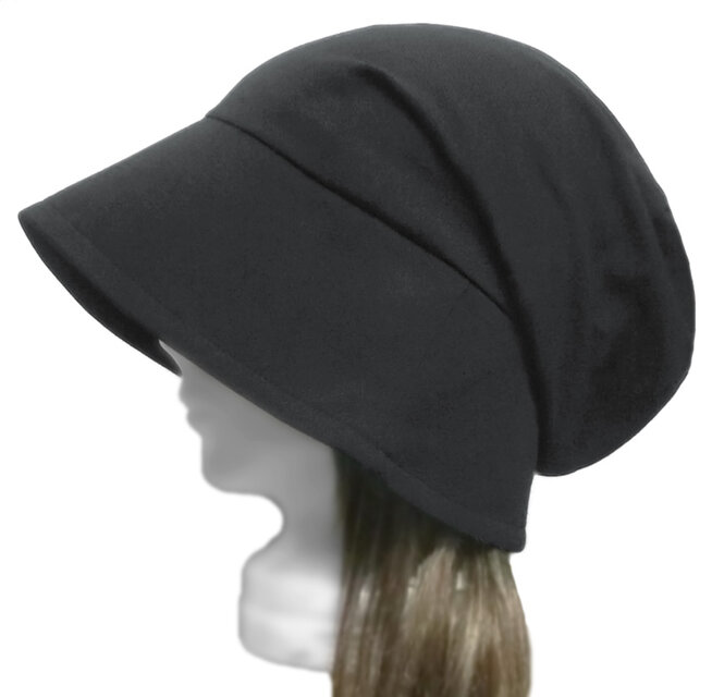 つば広女優帽子◆鹿の子織コットンニット／ブラック　◇紫外線対策・ゆったりサイズ・小顔効果・オールシーズン着用◇