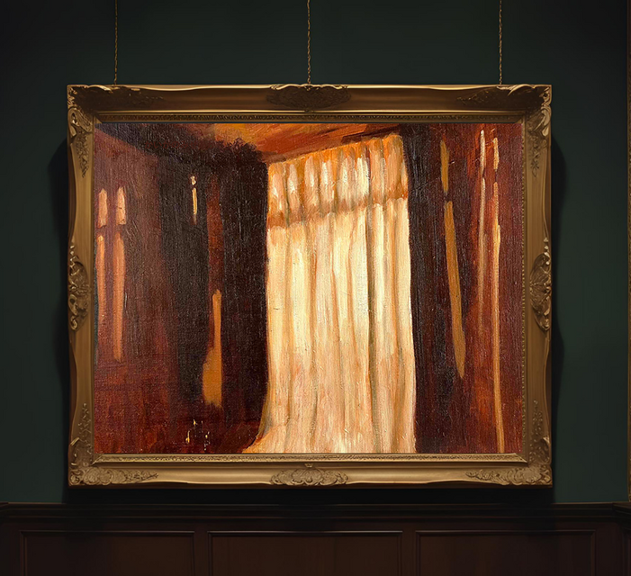 原画・油彩「夕方の部屋の中」絵画・F6（32×41㎝）アート・キャンバス