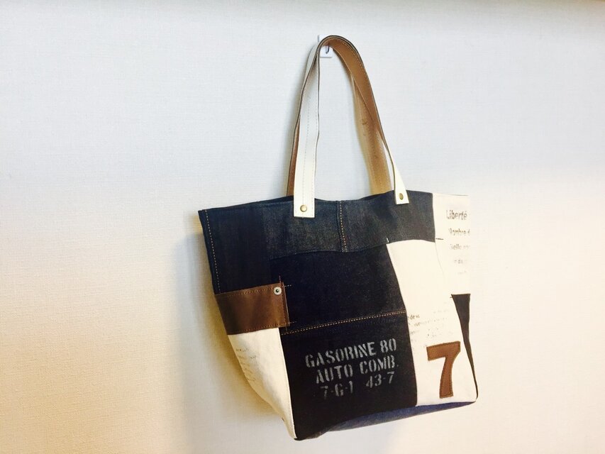 新作☆デニム&倉敷８号帆布トートバッグ Mサイズ simple白革７