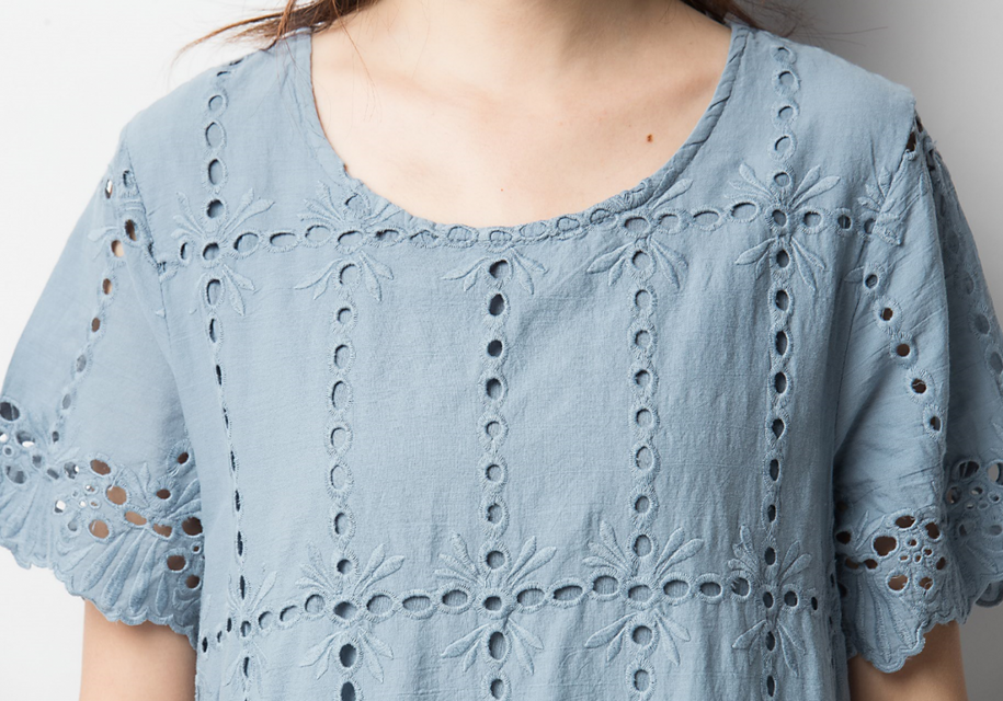 コットン生地 透かし彫り刺繍半袖ワンピース | iichi 日々の
