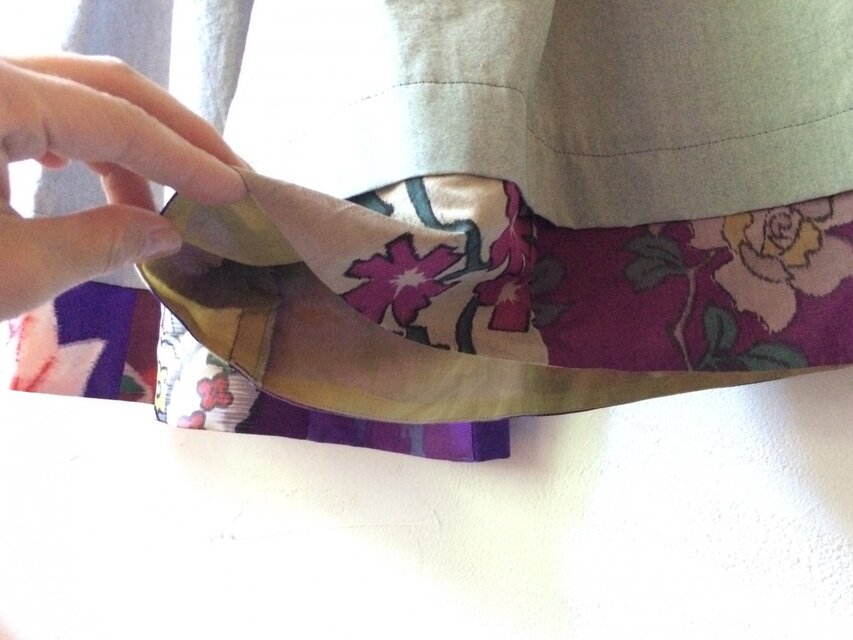 播州織×銘仙パッチワーク「いろいろ銘仙のガウチョパンツⅢ」067グレージュ