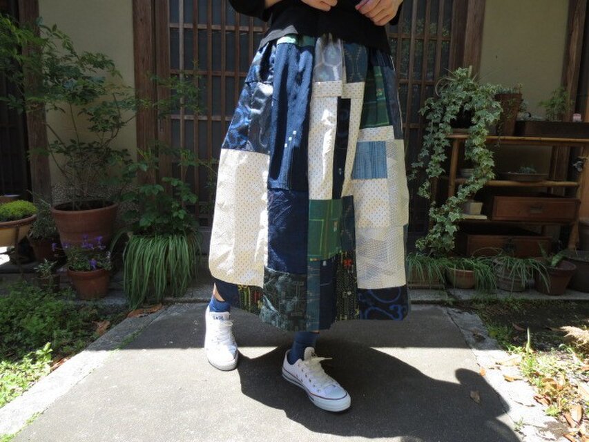 Ｓ・Ｋ様ご注文☆紬で夏色ロングスカート白大島と水色に紺や緑78㎝