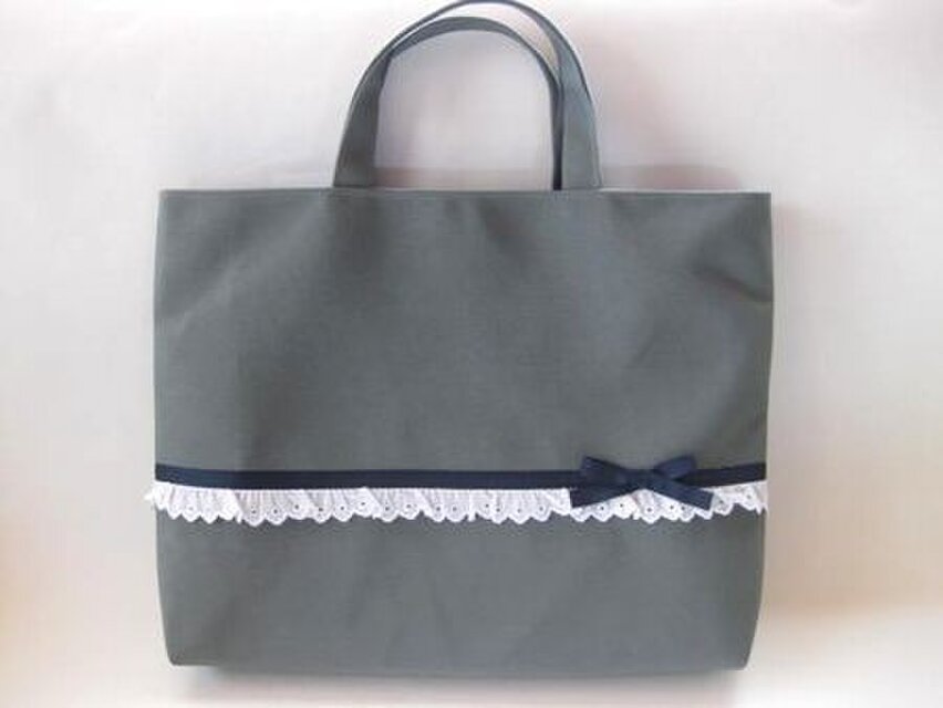 トートバッグ　グレー×紺リボンレース