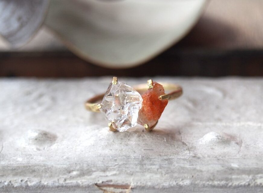 ちず様オーダー　原石のサンストーンとダイヤモンドクォーツのリング