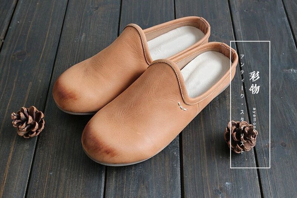 【受注製作】ふっくらまん丸牛革パンプス　スリッパ　丸トウ　ブラウン　PS170