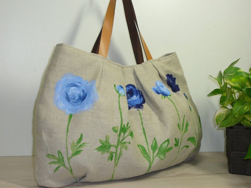ぷっくり花柄フランスリネントートバック