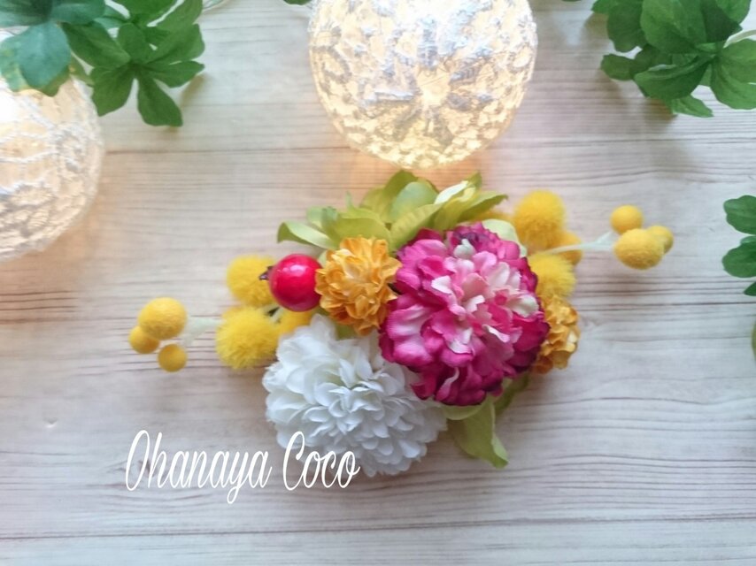 黄色いミモザとマムの髪飾りNo7 浴衣 シンプルな3wayタイプ