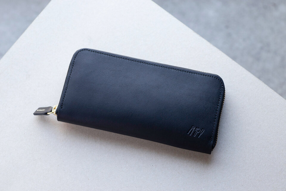 姫路産アラバスタレザー　ラウンドファスナー長財布　牛革　ブラック　aw-15hn