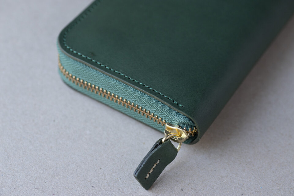 姫路産アラバスタレザー ラウンドファスナー長財布 牛革 グリーン 緑