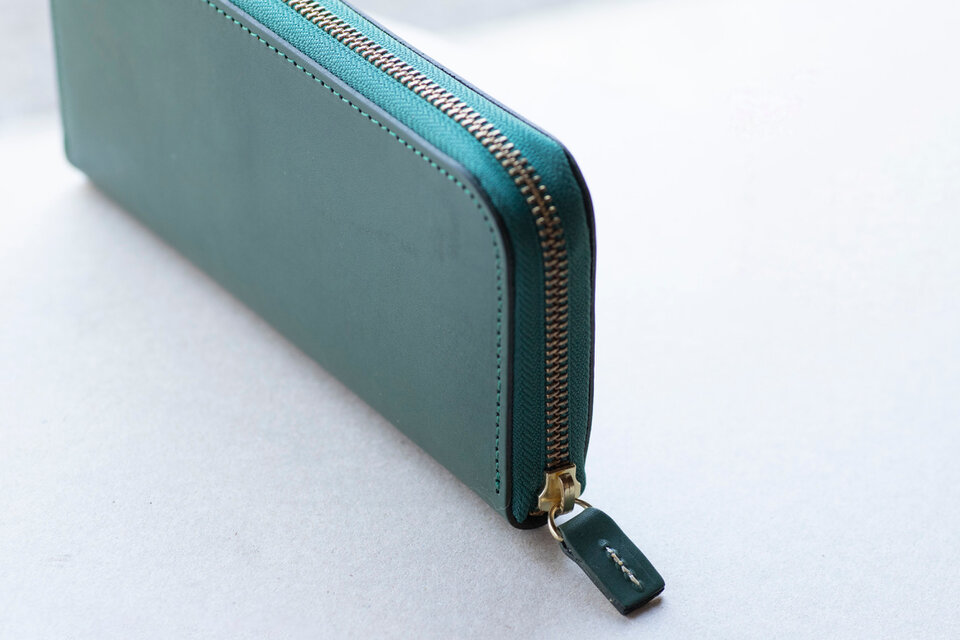 姫路産アラバスタレザー ラウンドファスナー長財布 牛革 グリーン 緑