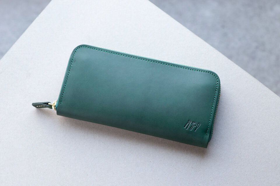 姫路産アラバスタレザー　ラウンドファスナー長財布　牛革　グリーン　緑　aw-15hn