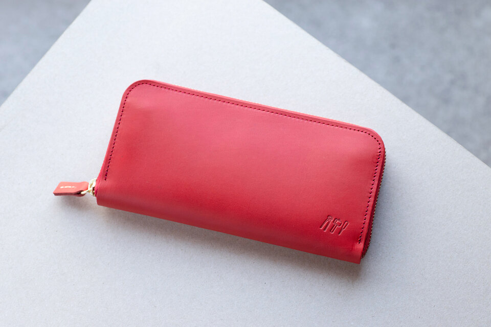 姫路産アラバスタレザー　ラウンドファスナー長財布　牛革　レッド　赤　aw-15hn