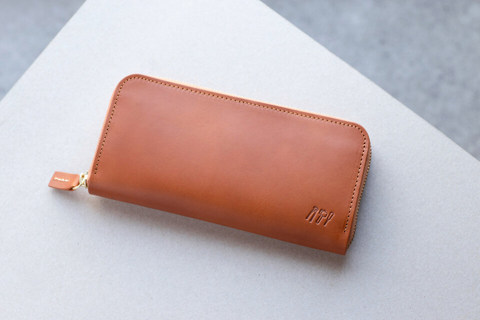 姫路産アラバスタレザー　ラウンドファスナー長財布　牛革　キャメル　aw-15hn