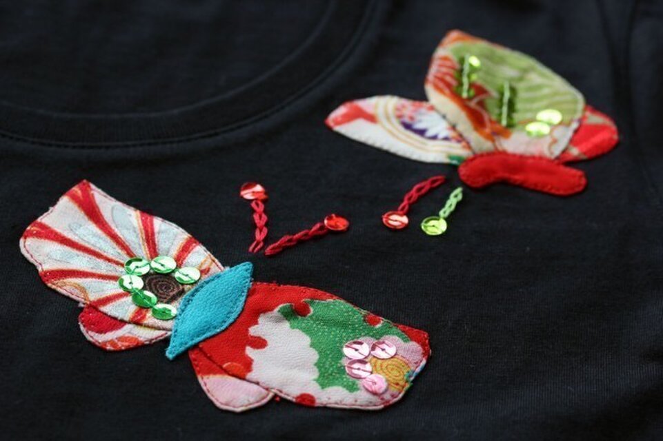 手作りハンドメイド刺繍花古布蝶々ゆったりシャツ-