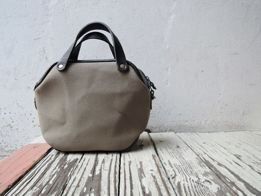ベルト付 ヌメ革×8号帆布 2wayミニボストンショルダー BAG カーキ×ネイビー 324C