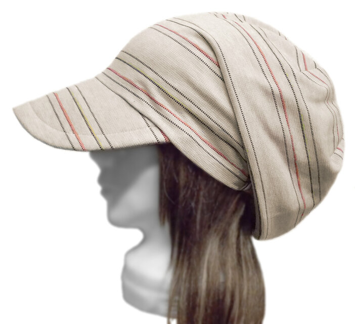 つば広ルーズキャスケット◆綿麻ボーダー ジャガード織ニット／ベージュ系　◇紫外線対策・ゆったりサイズ・小顔効果・オールシーズン◇