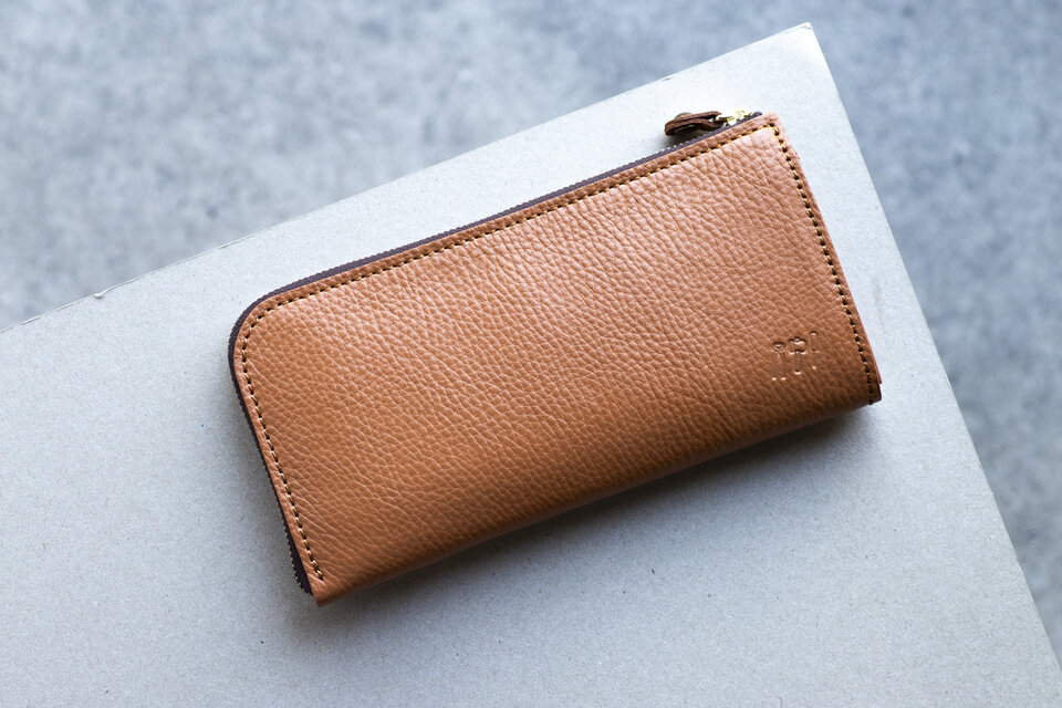 姫路産　マットシュリンクレザー　L字ファスナー長財布　牛革　キャメル　aw-05ons