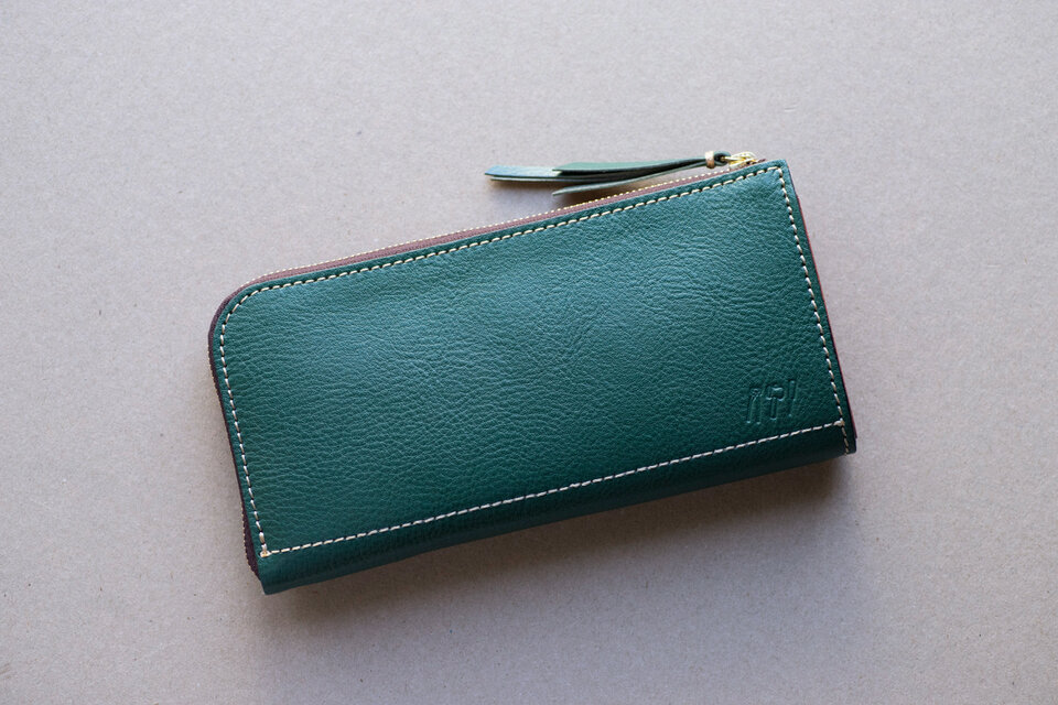姫路産 グロスシュリンクレザー L字ファスナー長財布 牛革 グリーン 緑
