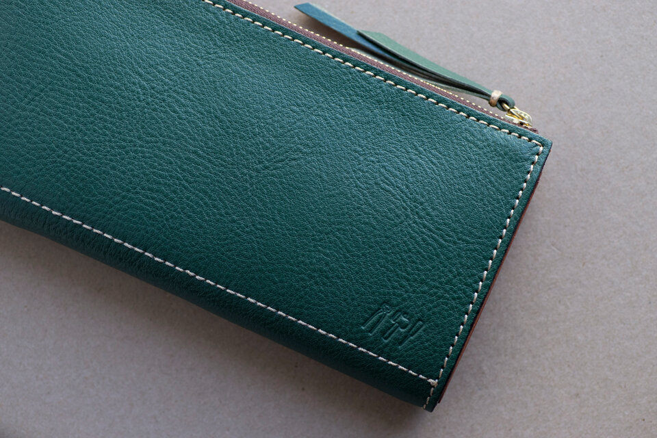 姫路産 グロスシュリンクレザー L字ファスナー長財布 牛革 グリーン 緑