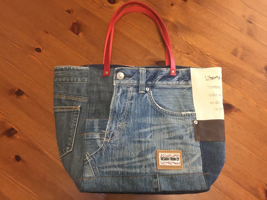 送料無料☆デニム&倉敷８号帆布トートバッグ Mプラスサイズ  basic赤革＃０１