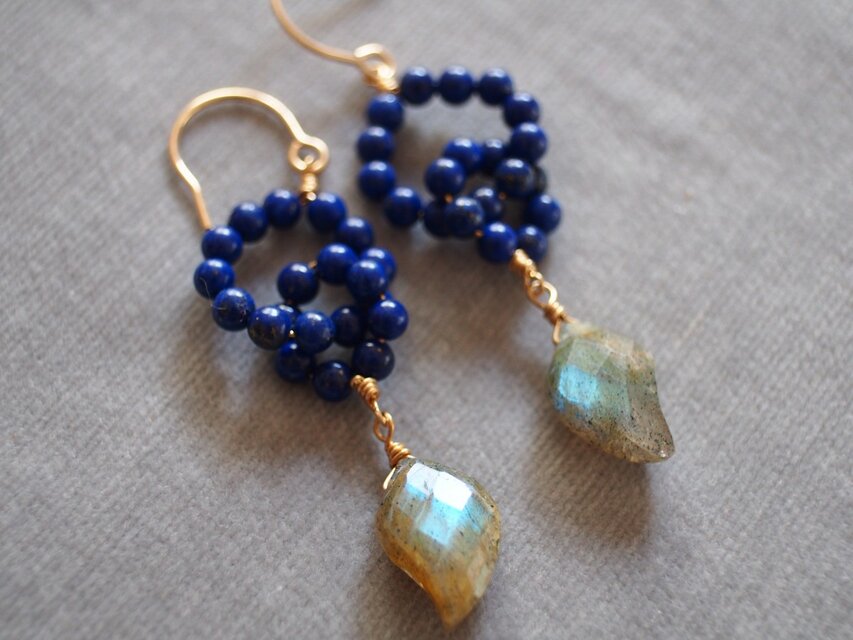 14kgf ラブラドライト＆ラピスラズリのツーサークルピアス k14gf