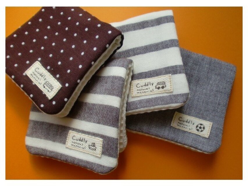 PURE*ミニハンカチ*Wガーゼ ブラウン系４枚セット ドット ボーダー 無地