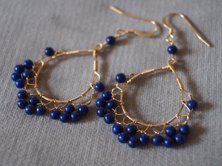 14kgf ラピスラズリあみあみレーシーピアス k14gf　