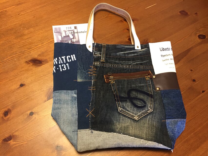 【送料無料】最新作☆デニム&倉敷８号帆布トートバッグ Ｌサイズ  mature白革＃０４