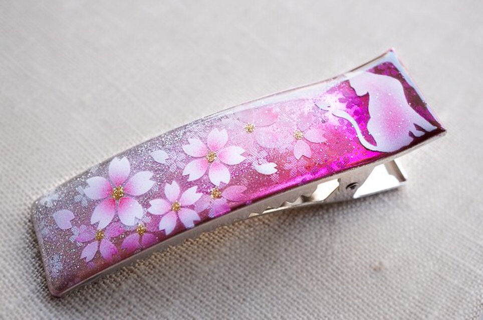 手描き ヘアクリップ 桜と猫 紅紫 hc37