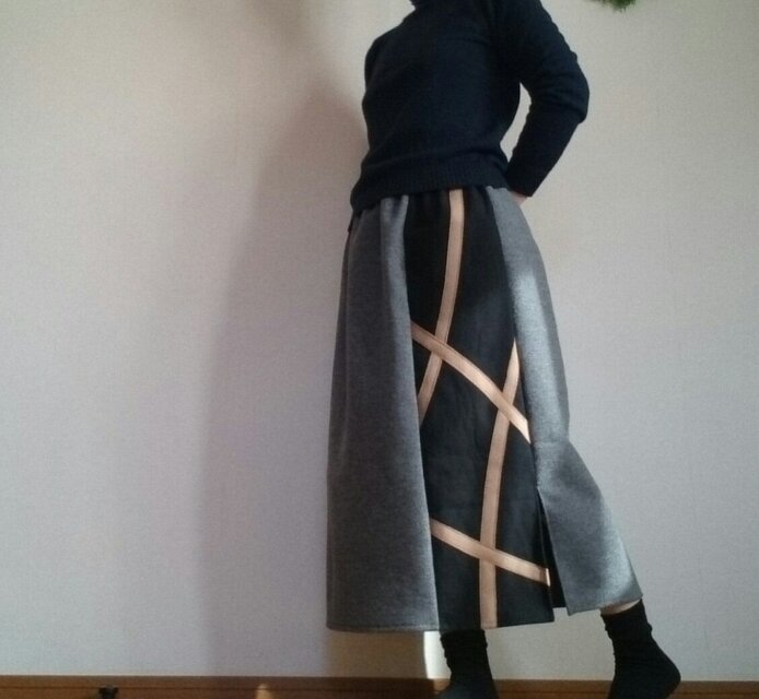 毛混暖かおしゃれロングスカート素敵な空気感の曲線ウエストゴム