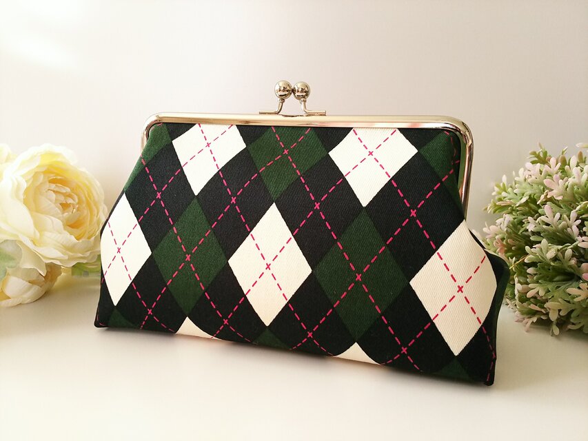 ◆【売りきれ】【再販2】正統派アーガイルのがま口ポーチグリーン*チェック*イギリス*旅行やプレゼントにも◆