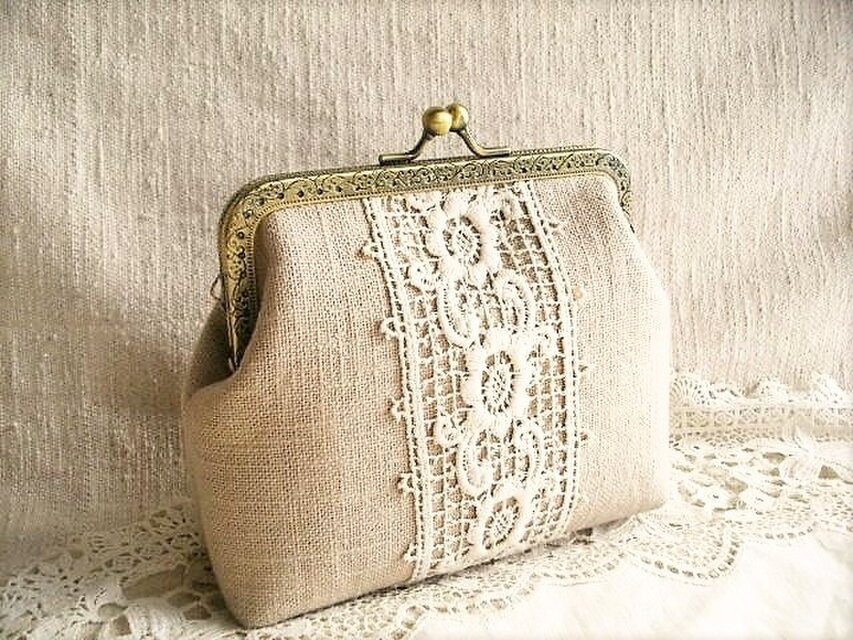 アンティークレース＆エクリュリネンがま口１２