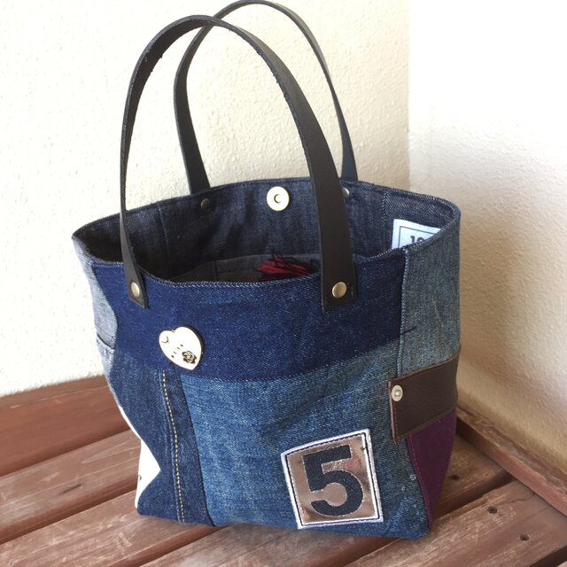 最新作☆デニムコラージュトートバッグ Ｓサイズpurple黒革ワッペン＃０５