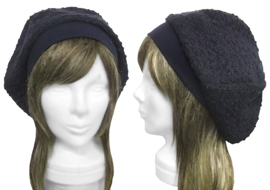 リブ付ベレー帽◆透かし織ネップニット／ネイビー　◇ゆったりサイズ・小顔効果・長いシーズン着用◇