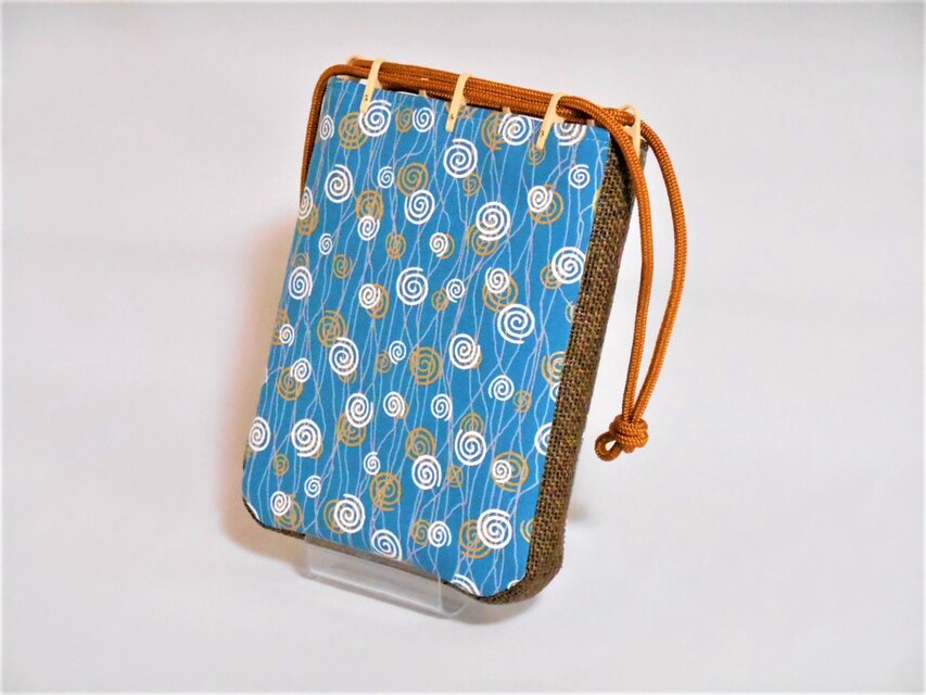 帆布ブルー色地製　ショルダー付き合切袋　信玄袋　巾着　渦巻き　　　